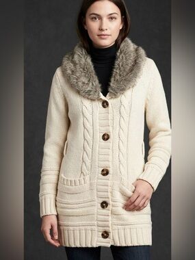 GapKids Cream Metallic Cable Knit Faux Fur Collar Cardigan XXL 14-16